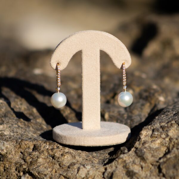 8-8.5 AAA White Freshwater Pearl and Diamond Dangle Earrings
