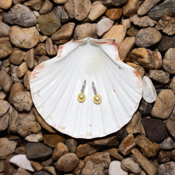 10-11mm AA+ Golden South Sea Pearl & Diamond Dangle Earrings