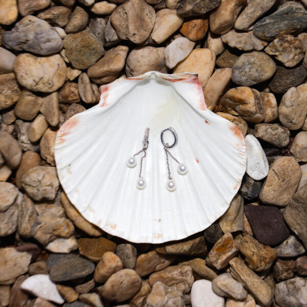 7mm White Freshwater Pearls and Diamond Earrings