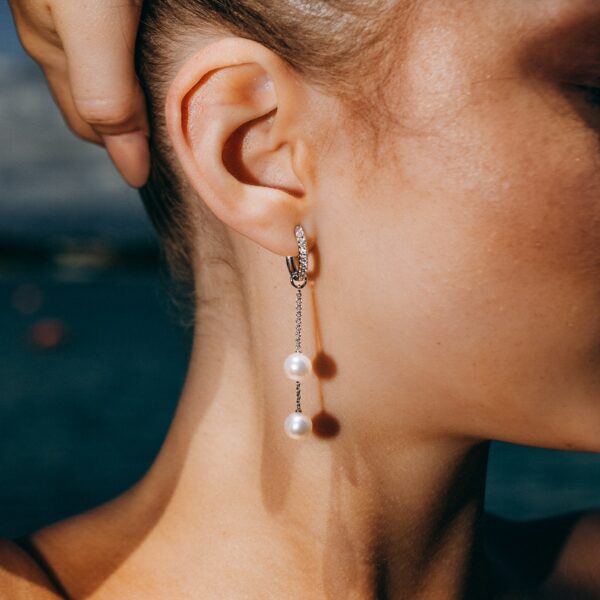 7mm White Freshwater Pearls and Diamond Earrings