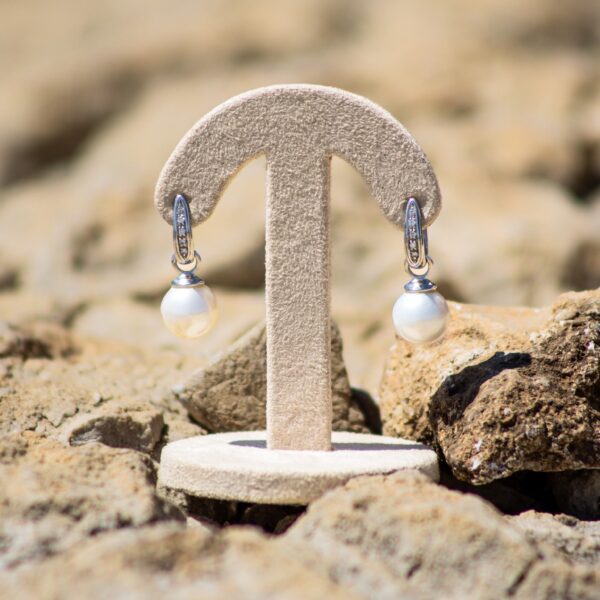 10-11mm Freshwater Pearl and Diamond Dangle Pendant Earrings