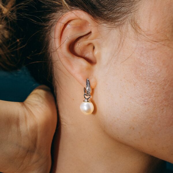 10-11mm Freshwater Pearl and Diamond Dangle Pendant Earrings