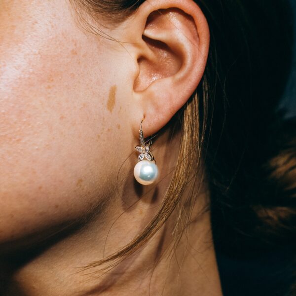 9mm AA+ White Freshwater Pearl and Zircon Earrings