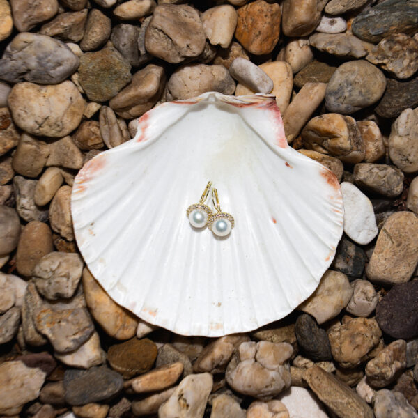 9mm AA+ White Freshwater Pearl and Zircon Earrings