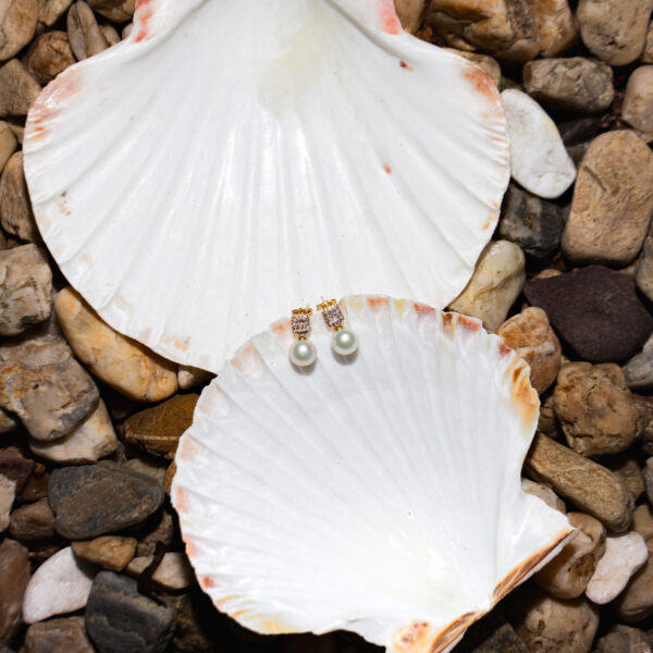 7mm AA+ White Freshwater Pearl and Zircon Dangling Earrings