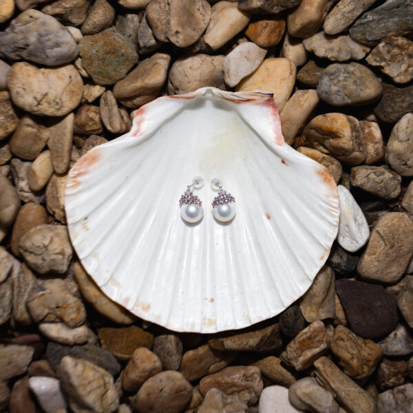 11-12mm White Freshwater Pearl and Zircon Earrings