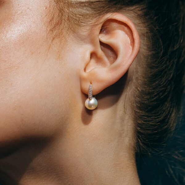 8mm AA+ White Freshwater Pearl & Zircons Loop Earrings