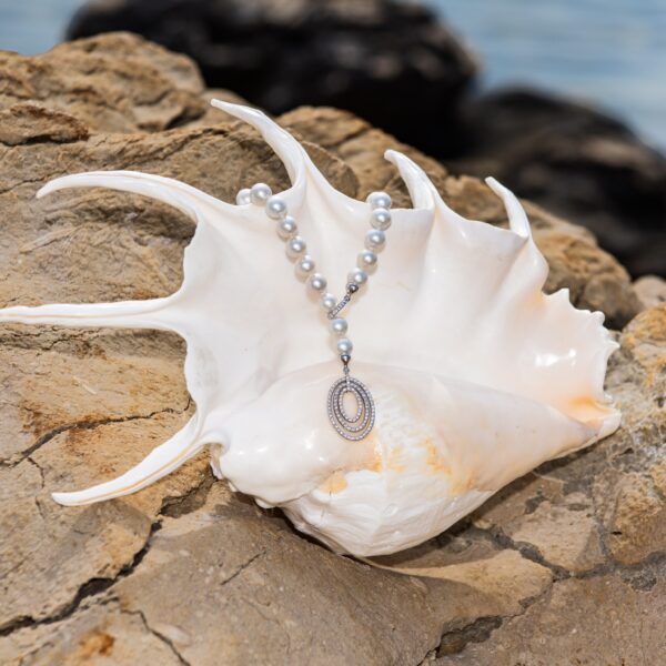9-10mm AA+ White Freshwater Pearl & Diamonds Necklace - 2 Way Wear