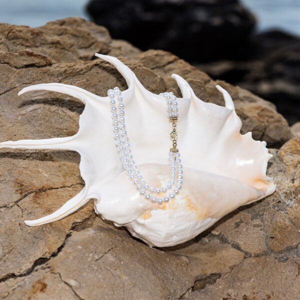 6mm AA+ White Freshwater Double Strand Pearl & Diamond Necklace