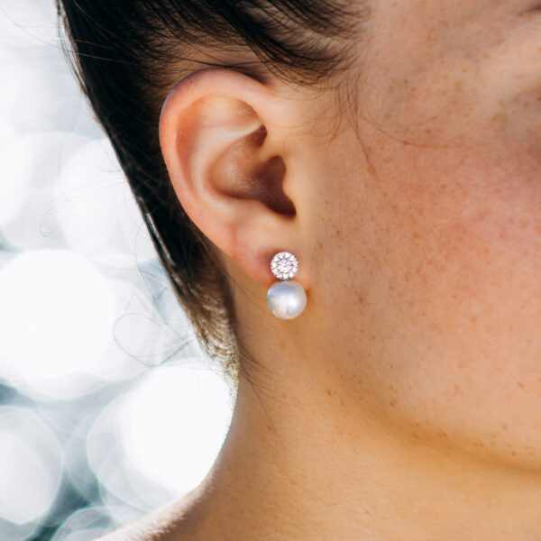 10mm AA+ White Freshwater Pearl & Diamonds Earrings