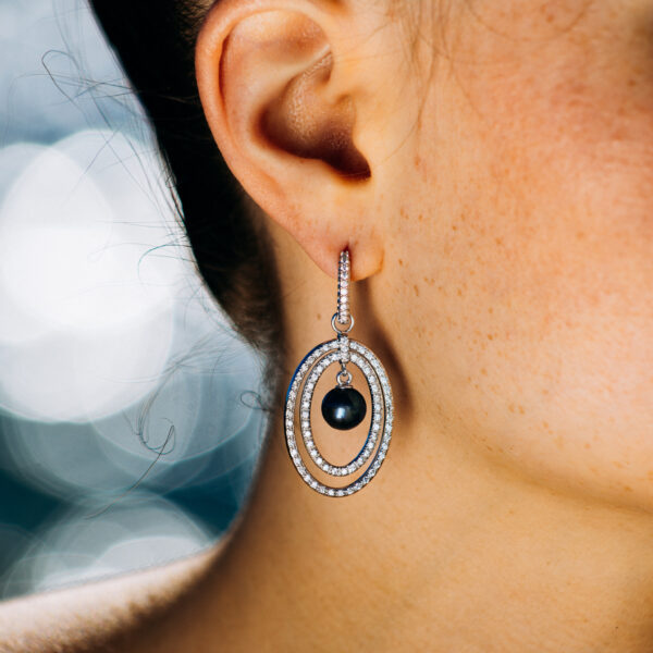 8.5mm AA+ Black Freshwater Pearl & Diamond Hoop Pendant Earrings