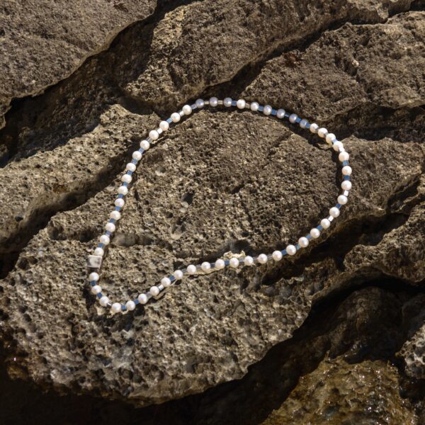 6mm AA White Freshwater Pearl & Square Hematite Stones Necklace