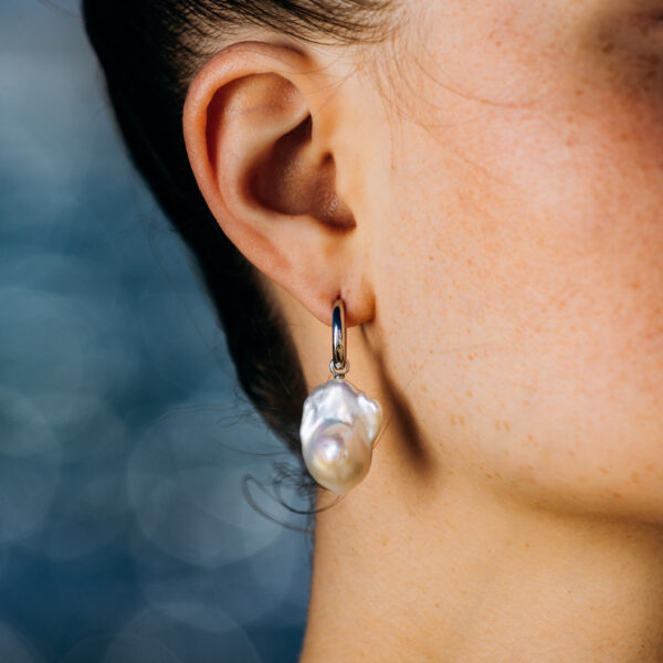 14k Loop Earrings with White Baroque Pearl Pendants